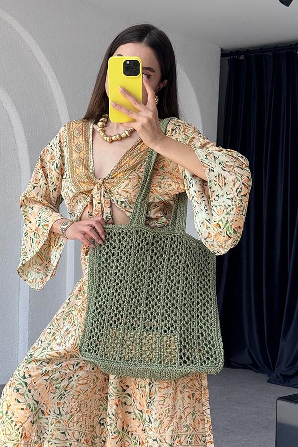 Lestari Etnik Desenli Pantolonlu Takım - Sarı