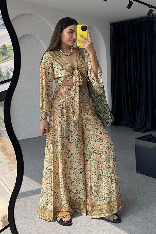 Lestari Etnik Desenli Pantolonlu Takım - Sarı