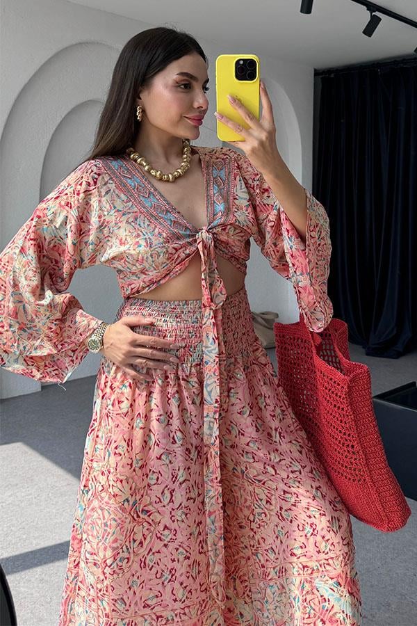 Lestari Etnik Desenli Pantolonlu Takım - Kırmızı