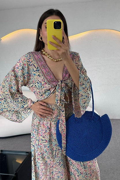 Lestari Etnik Desenli Pantolonlu Takım - Krem