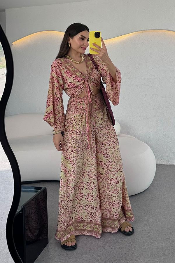 Lestari Etnik Desenli Pantolonlu Takım - Pembe