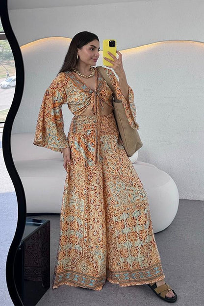Lestari Etnik Desenli Pantolonlu Takım - Turuncu