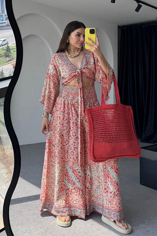 Lestari Etnik Desenli Pantolonlu Takım - Kırmızı