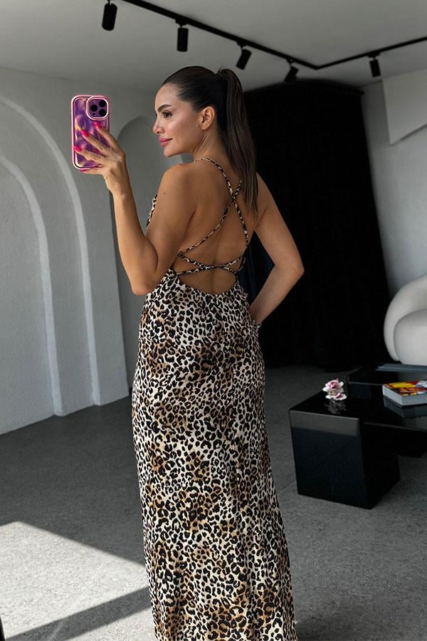 Lethia Leopar Desen Saten Yırtmaç Detaylı Elbise
