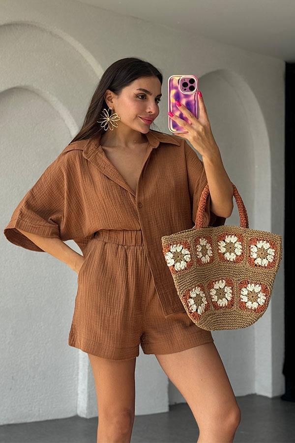 Lethia Müslin Şortlu İkili Takım-Kahve