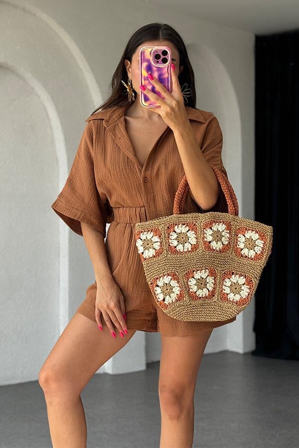 Lethia Müslin Şortlu İkili Takım-Kahve