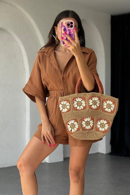 Lethia Müslin Şortlu İkili Takım-Kahve