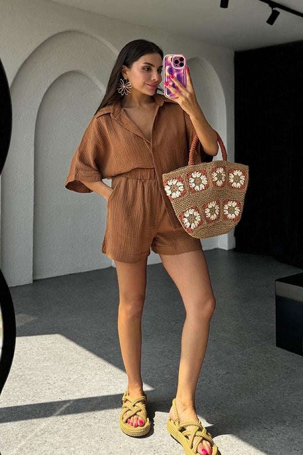 Lethia Müslin Şortlu İkili Takım-Kahve