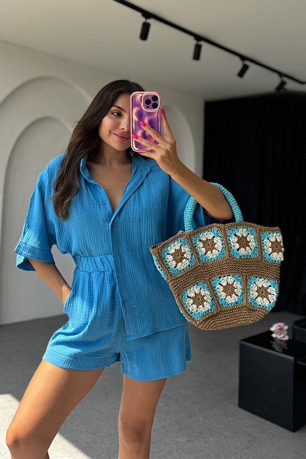 Lethia Müslin Şortlu İkili Takım-Mavi