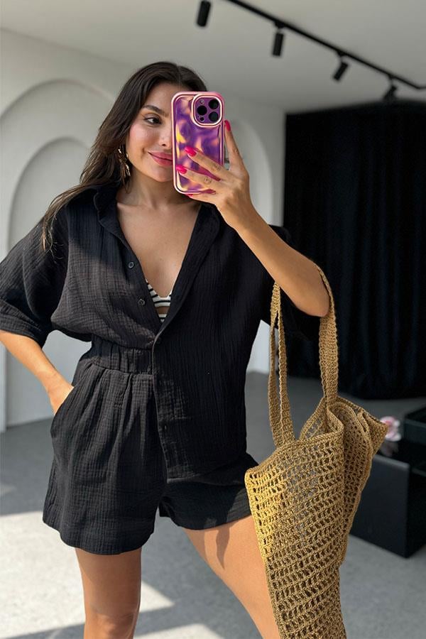 Lethia Müslin Şortlu İkili Takım-Siyah