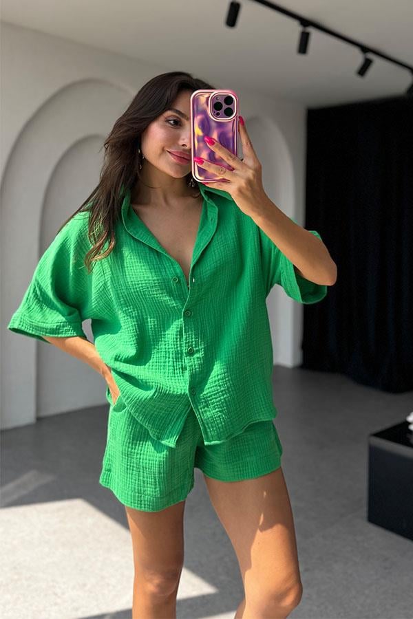 Lethia Müslin Şortlu İkili Takım-Yeşil