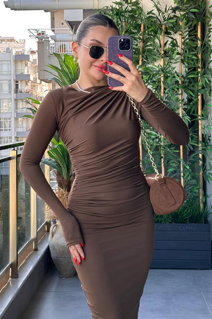 Lexa Drapeli Acı Kahve Elbise