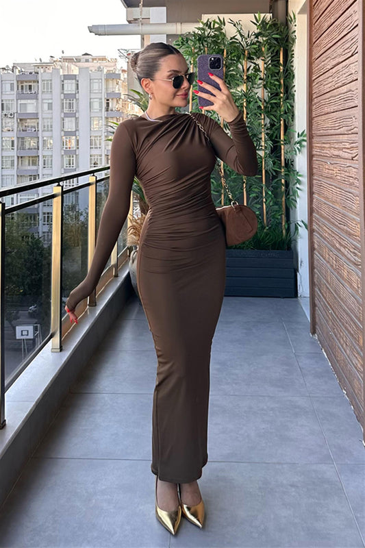 Lexa Drapeli Acı Kahve Elbise