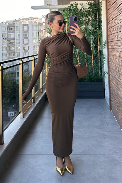 Lexa Drapeli Acı Kahve Elbise