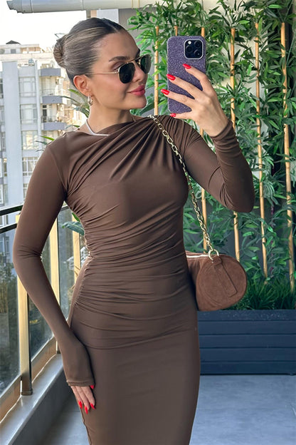 Lexa Drapeli Acı Kahve Elbise