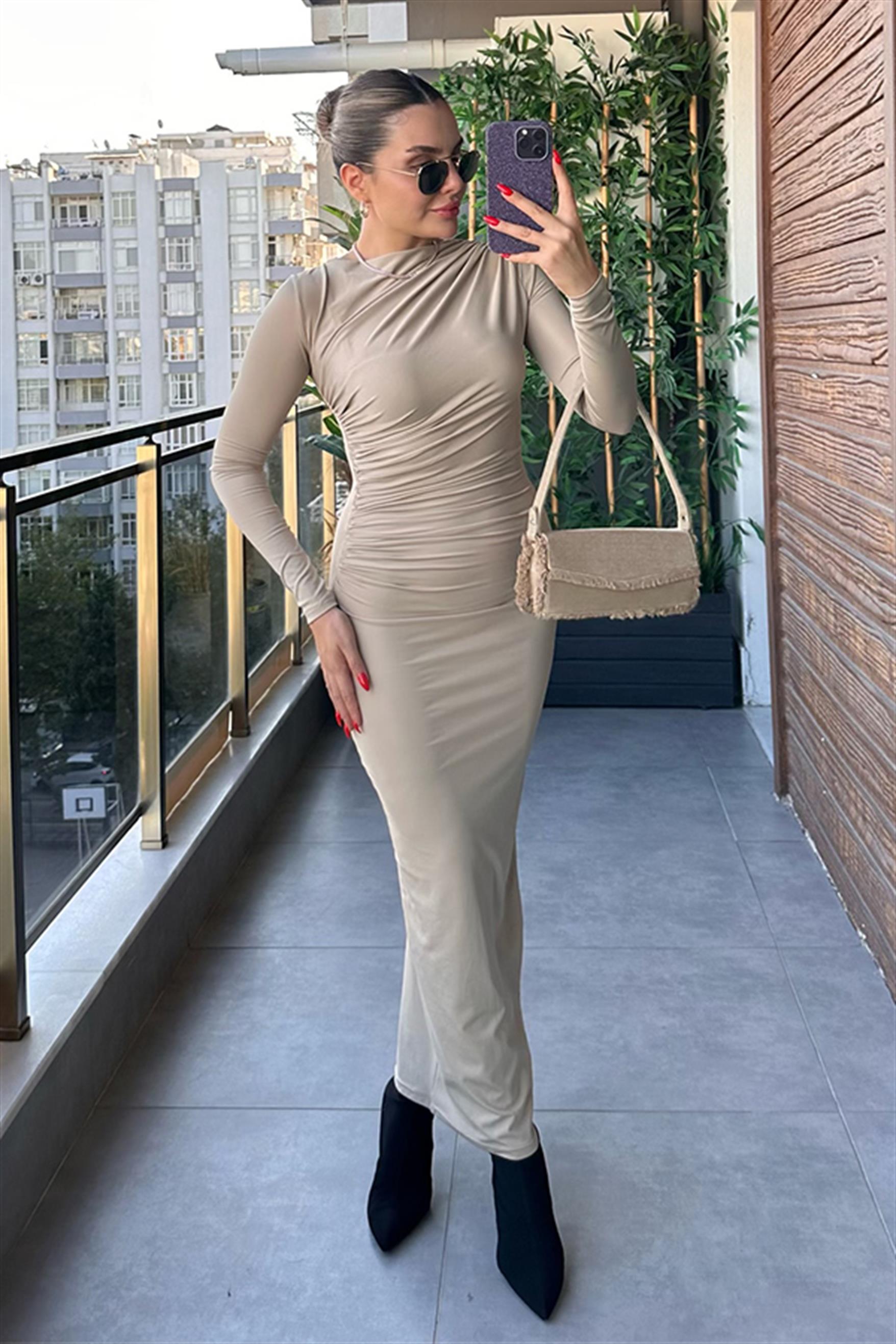 Lexa Drapeli Bej Elbise