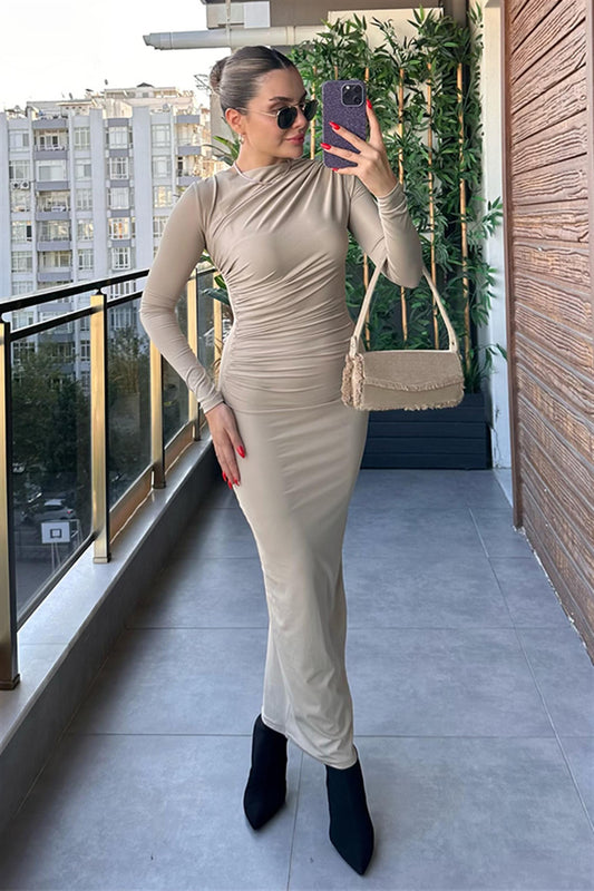 Lexa Drapeli Bej Elbise