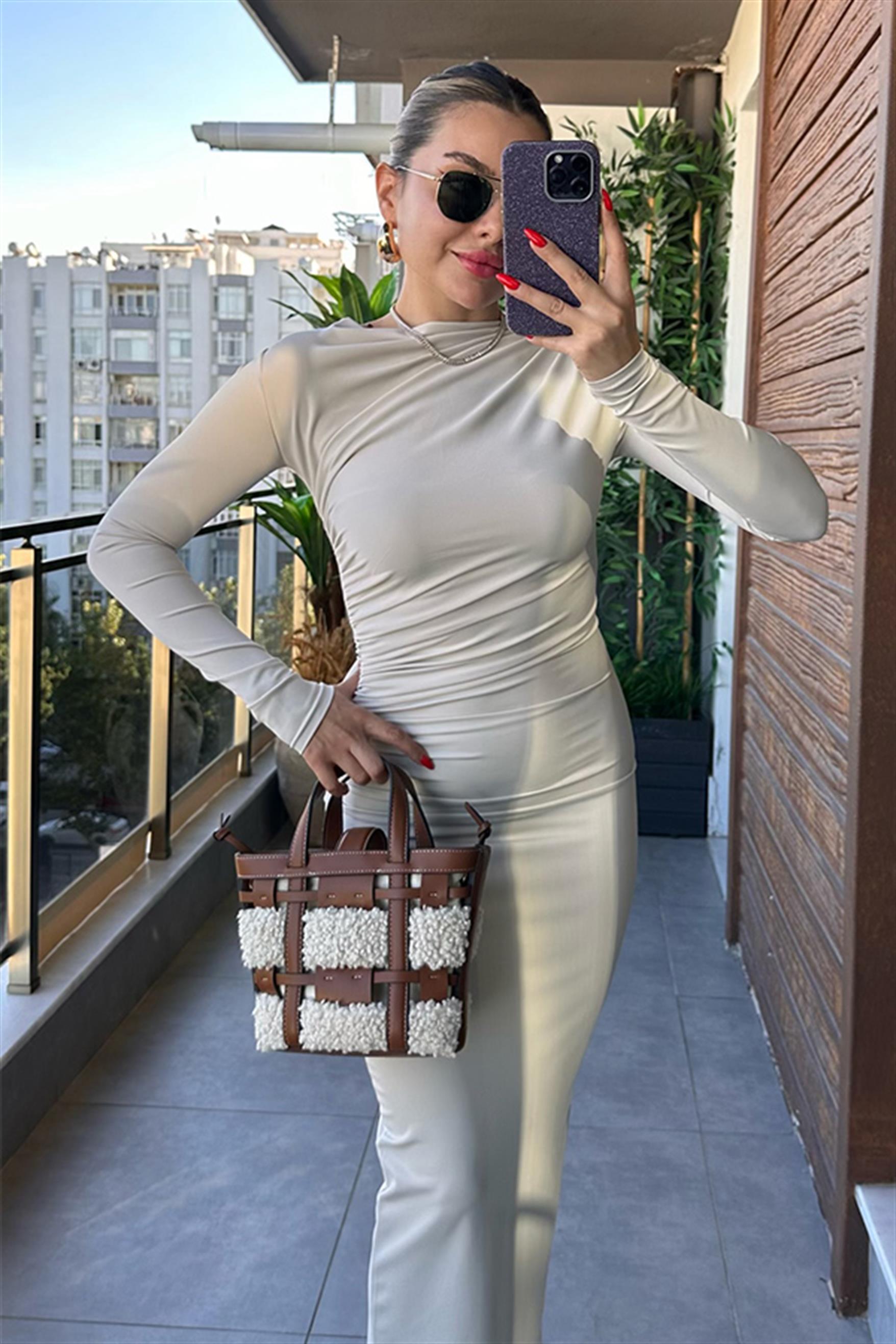 Lexa Drapeli Ekru Elbise