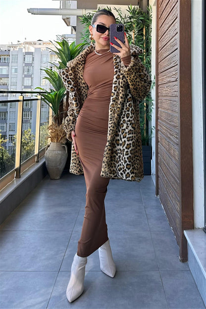 Lexa Drapeli Sütlü Kahve Elbise