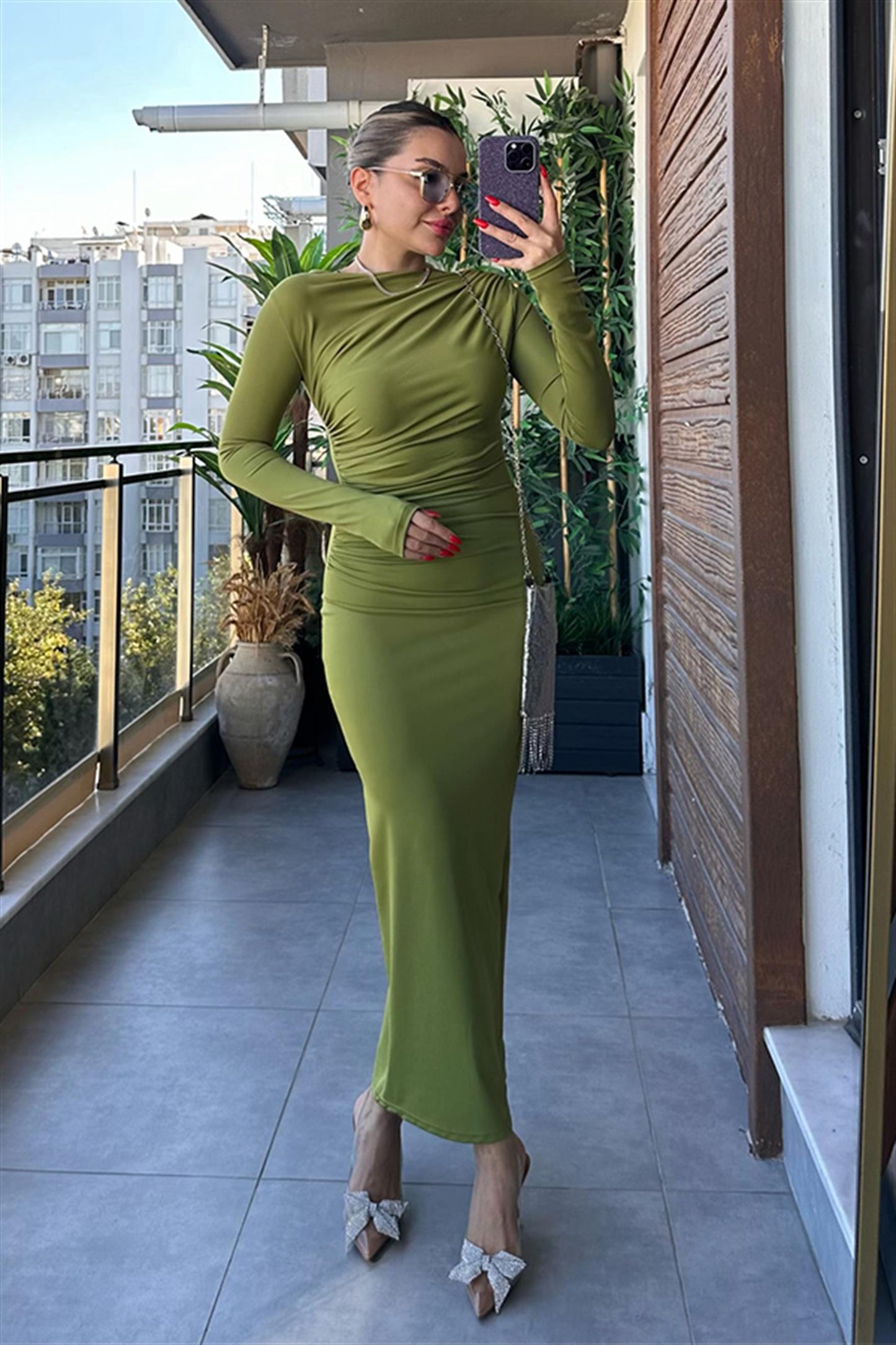 Lexa Drapeli Yağ Yeşil Elbise