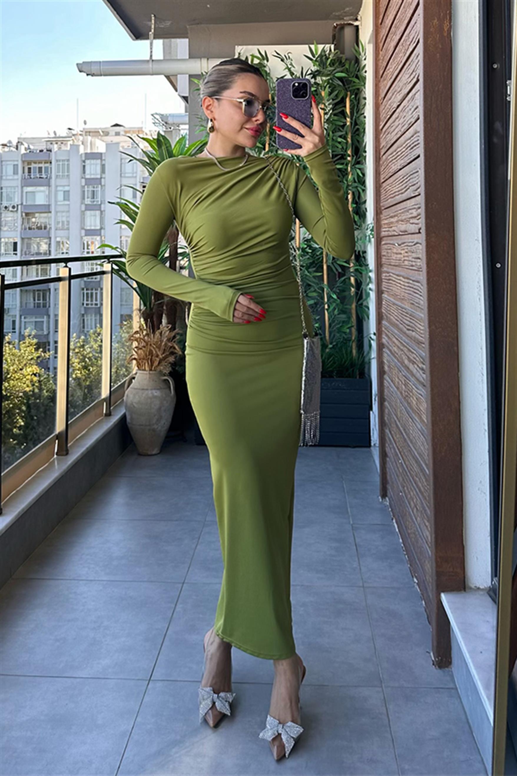 Lexa Drapeli Yağ Yeşil Elbise