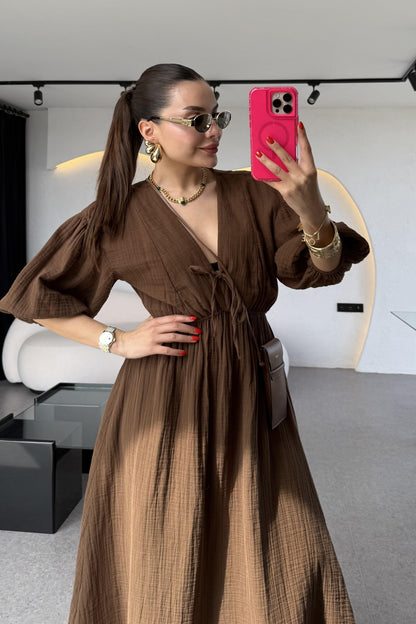 Leydia Acı Kahve Müslin Elbise