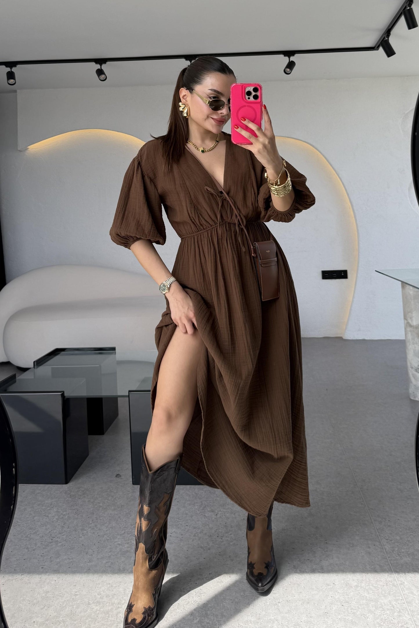 Leydia Acı Kahve Müslin Elbise