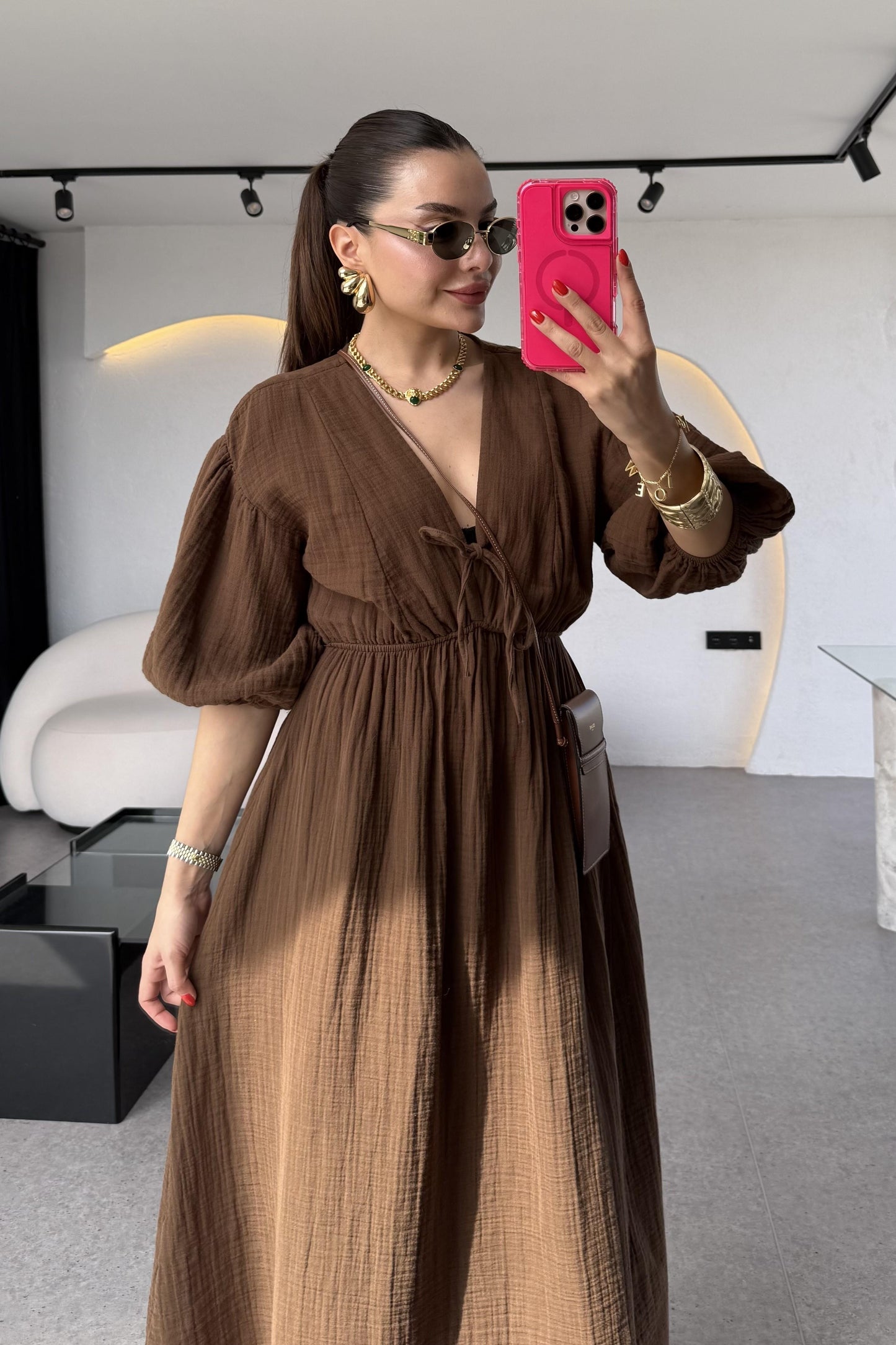 Leydia Acı Kahve Müslin Elbise