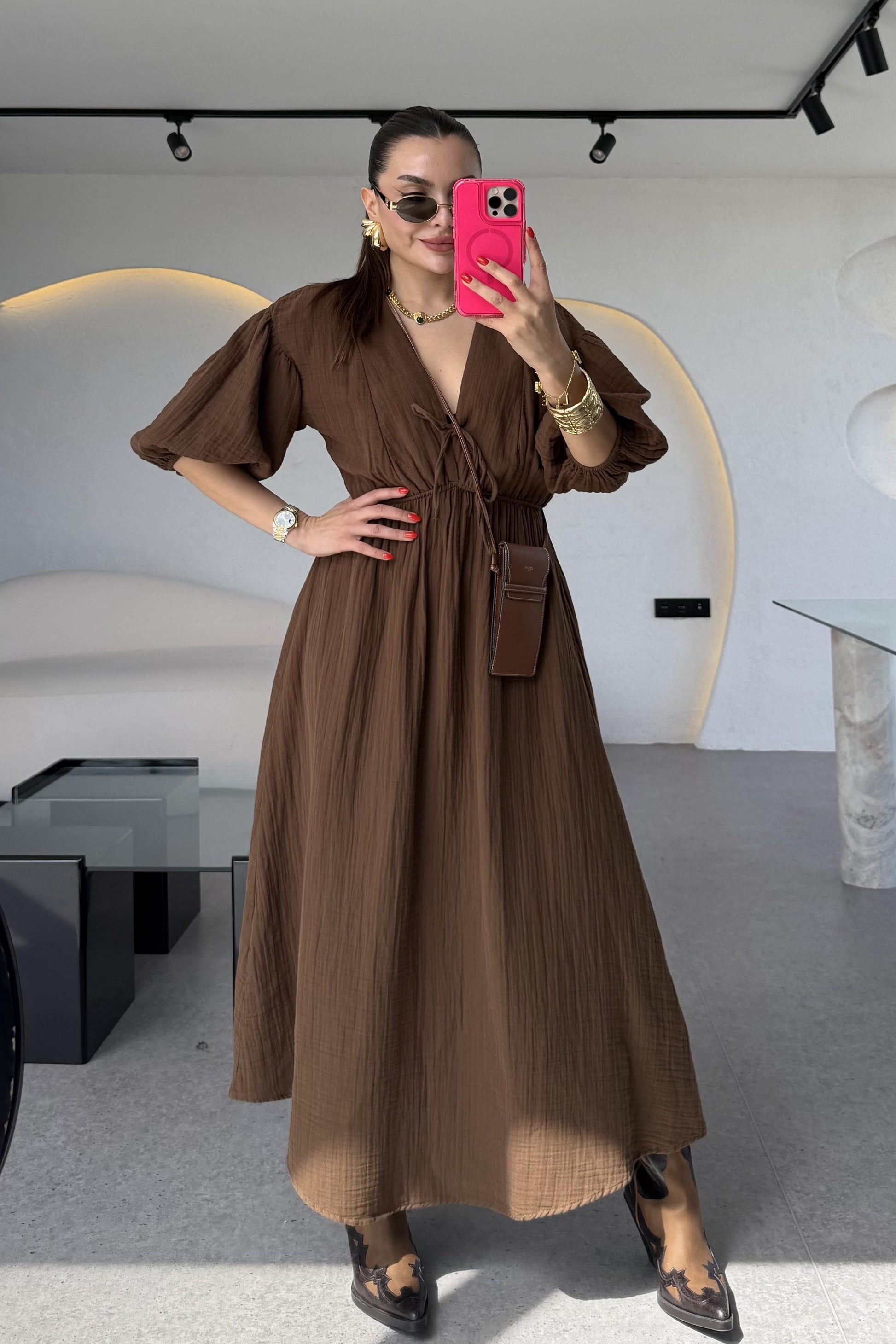 Leydia Acı Kahve Müslin Elbise