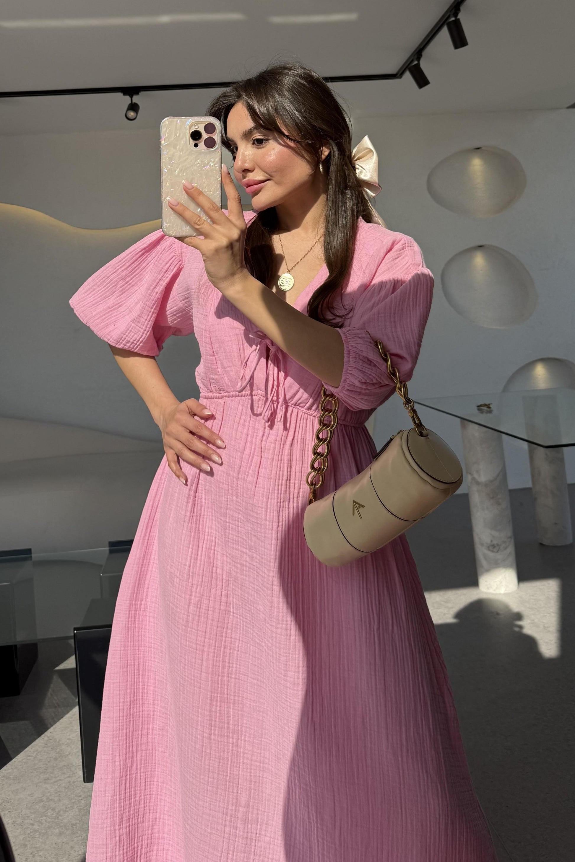 Leydia Pembe Müslin Elbise