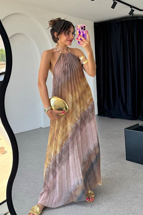 Leyena Çok Renkli Orijinal Piliseli Uzun Elbise