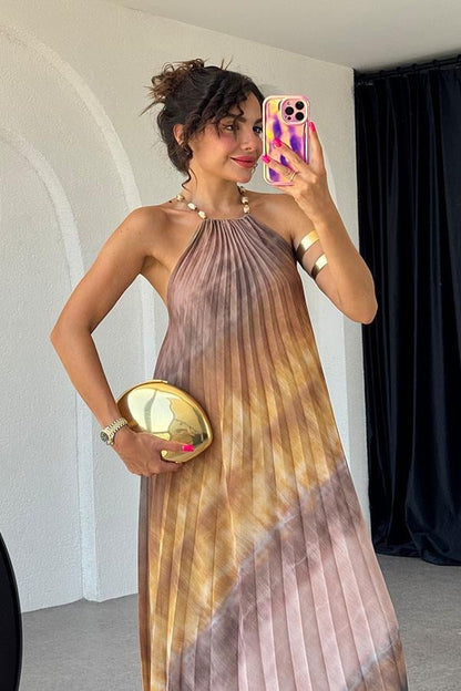 Leyena Çok Renkli Orijinal Piliseli Uzun Elbise