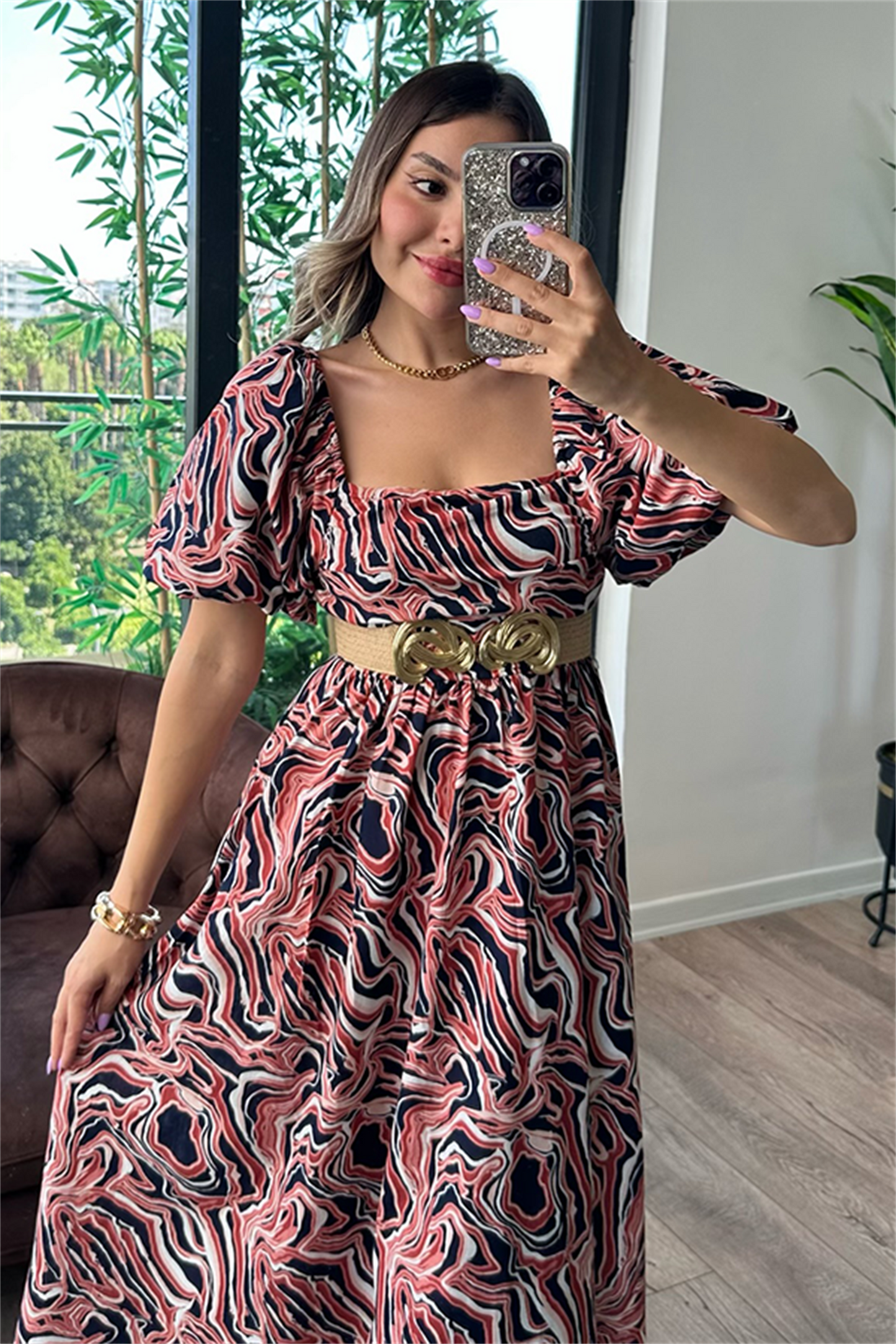 Liar kare yaka balon kol keten elbise