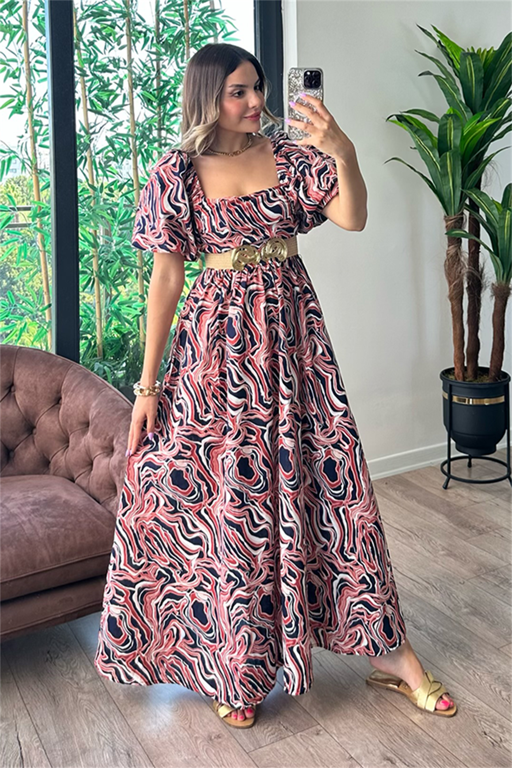 Liar kare yaka balon kol keten elbise