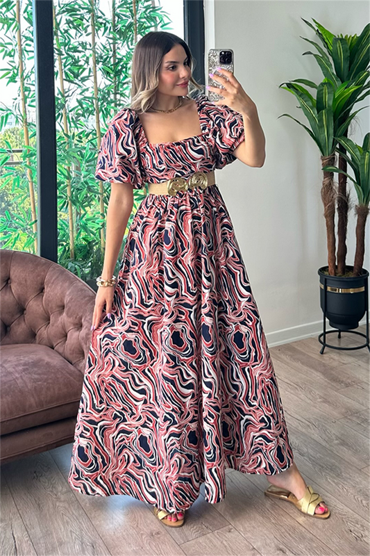 Liar kare yaka balon kol keten elbise