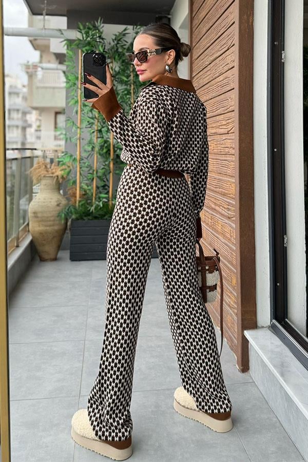 Libra Kahve Geometrik Desen İkili Triko Takım