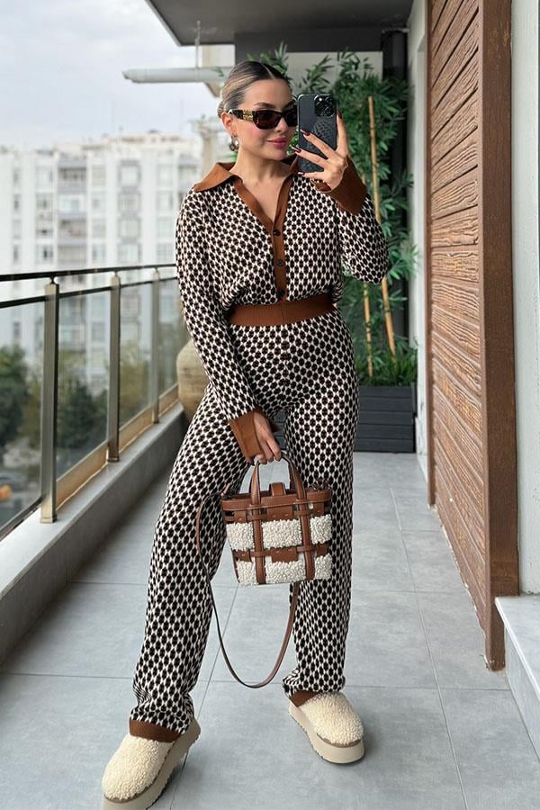 Libra Kahve Geometrik Desen İkili Triko Takım