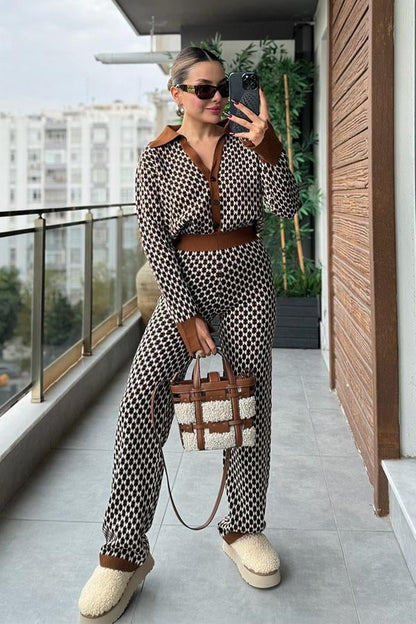 Libra Kahve Geometrik Desen İkili Triko Takım