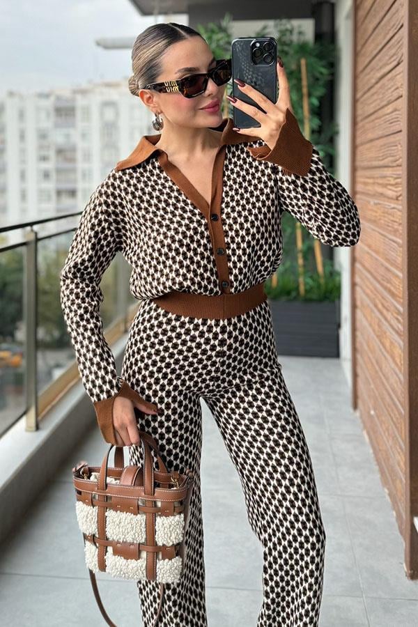 Libra Kahve Geometrik Desen İkili Triko Takım
