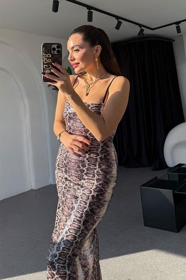 Licente Yılan Desen Pulpayet Elbise