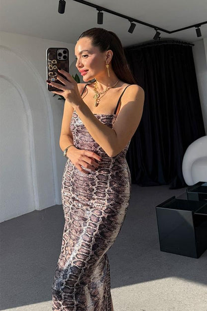 Licente Yılan Desen Pulpayet Elbise