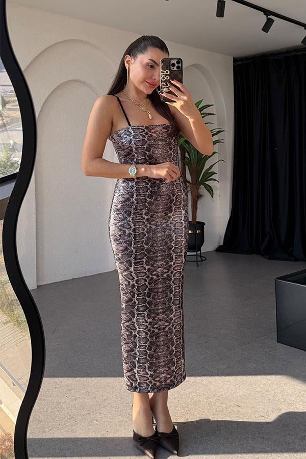 Licente Yılan Desen Pulpayet Elbise