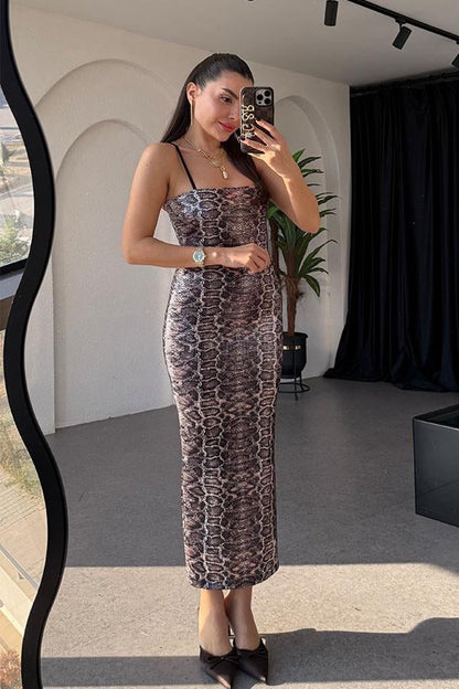 Licente Yılan Desen Pulpayet Elbise