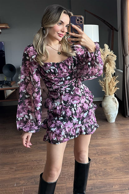 Lila çiçekli kat kat şifon elbise