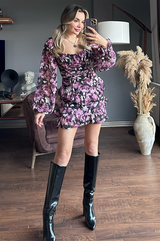Lila çiçekli kat kat şifon elbise