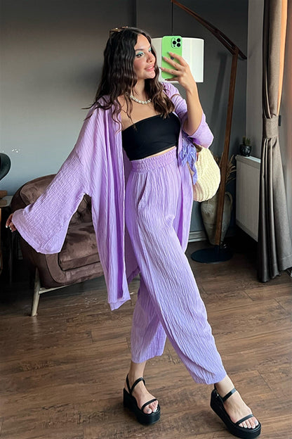 Lila kimonolu bohem takım