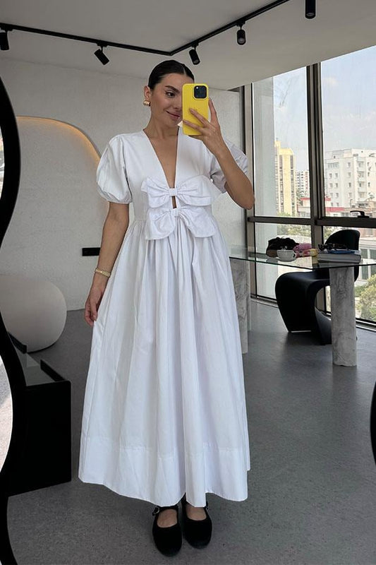 Lilian Fiyonklu Tasarım Elbise-Beyaz