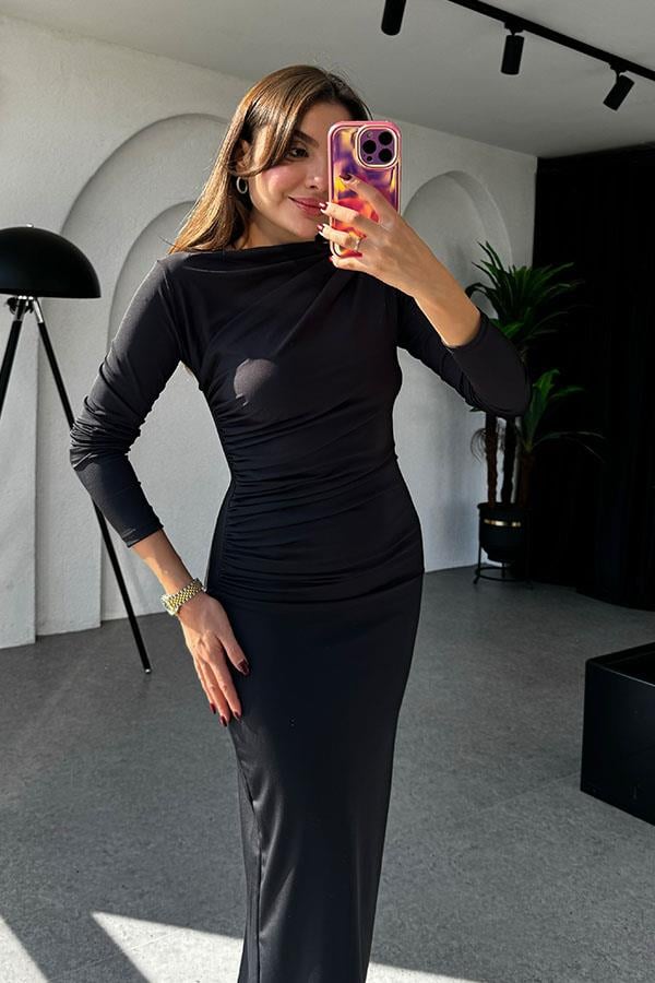 Liliya Drapeli Siyah Elbise