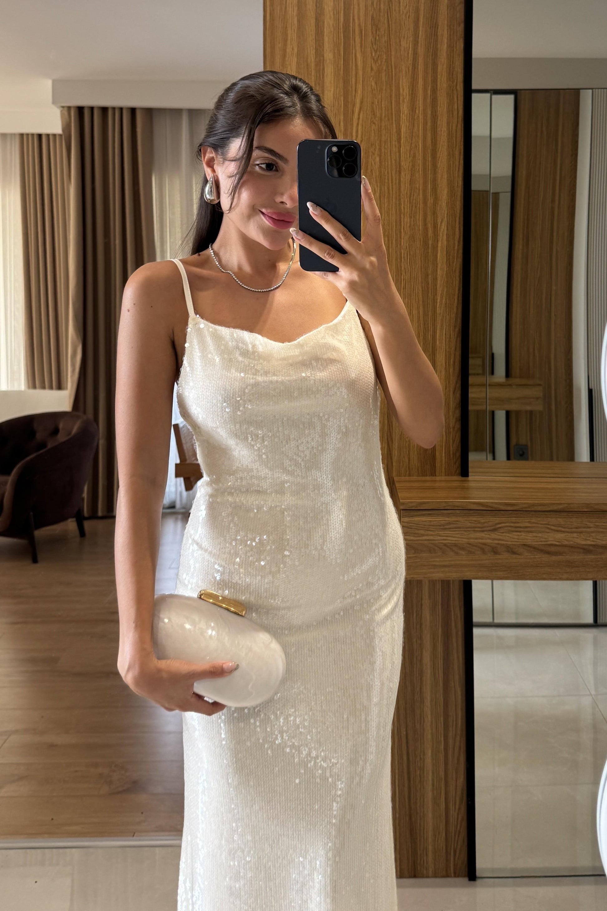 Lillie Krem Payetli Askılı Elbise