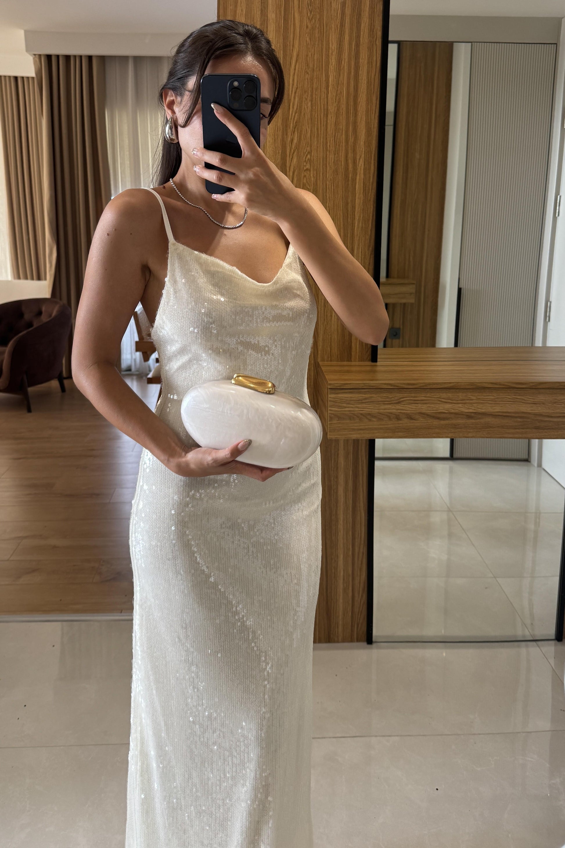 Lillie Krem Payetli Askılı Elbise